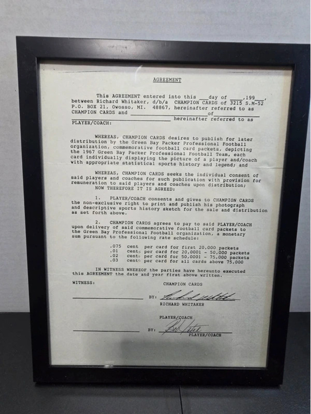 Bob Jeter Signed Champion Cards Packers Contract Framed